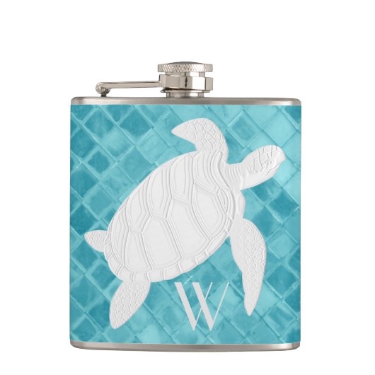 Zee schildpad op Aqua Zee Glass Monogram Heupfles (Voorkant)