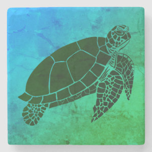 Zee schildpad op blauwe en groene achtergrond stenen onderzetter