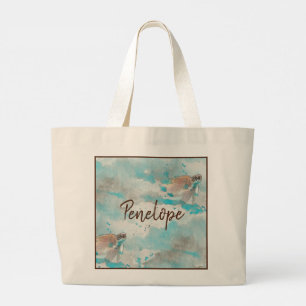 Zee schildpad op Ocean Blue Waterverf Bridesmaid Grote Tote Bag