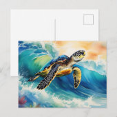 Zee Schildpad Rijden op een Vibrant Wave Waterverf Briefkaart (Voorkant / Achterkant)