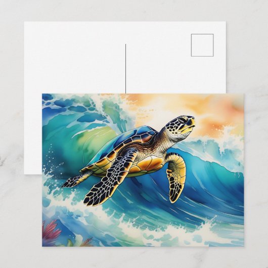 Zee Schildpad Rijden op een Vibrant Wave Waterverf Briefkaart (Voorkant / Achterkant)