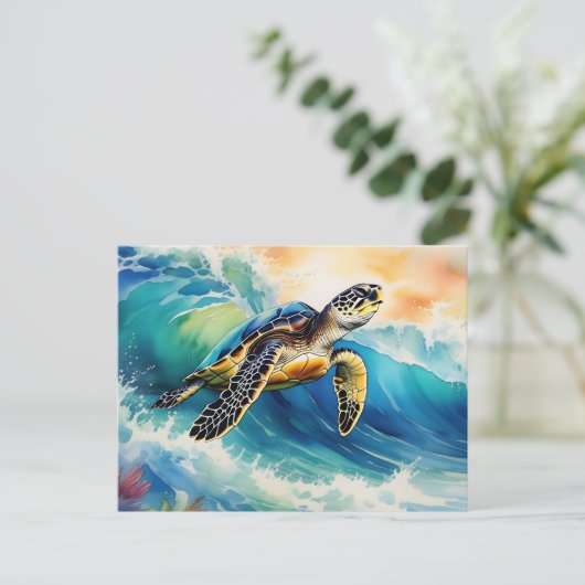 Zee Schildpad Rijden op een Vibrant Wave Waterverf Briefkaart (Staand voorkant)