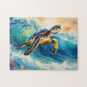 Zee Schildpad Rijden op een Vibrant Wave Waterverf Legpuzzel (Horizontaal)