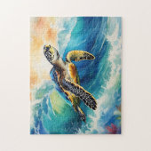 Zee Schildpad Rijden op een Vibrant Wave Waterverf Legpuzzel (Verticaal)