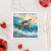 Zee Schildpad Rijden op een Vibrant Wave Waterverf Servet (Insitu)