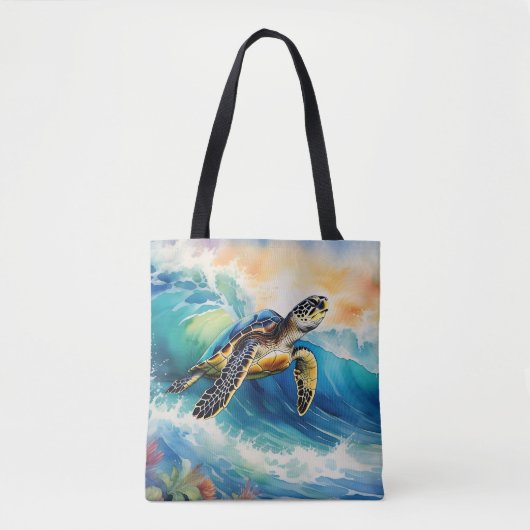 Zee Schildpad Rijden op een Vibrant Wave Waterverf Tote Bag (Voorkant)