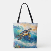 Zee Schildpad Rijden op een Vibrant Wave Waterverf Tote Bag (Achterkant)
