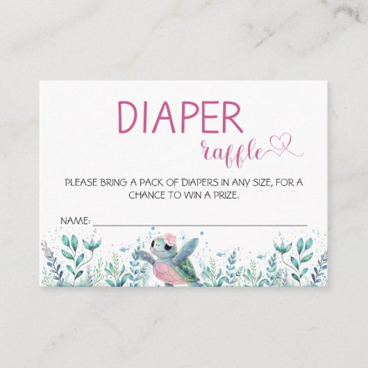 Zee Schildpad Roze Luier Raffle Baby shower Informatiekaartje (Voorkant)