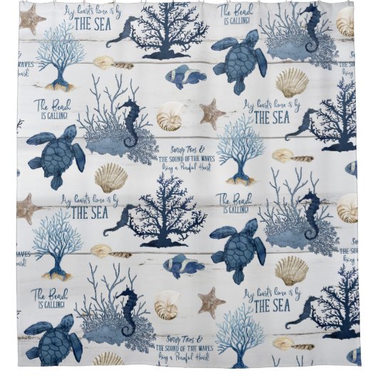 Zee Schildpad Seahorse Beach Blauw Rustieke Waterv Douchegordijn (Voorkant)