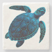 Zee schildpad, tattoo stijl, blauwe digitale teken stenen onderzetter (Voorkant)