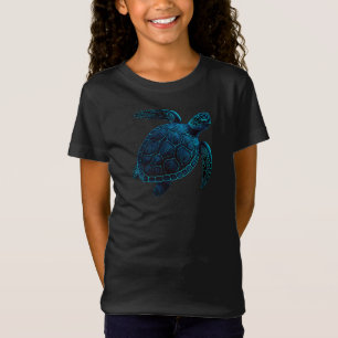 zee schildpad, tattoo stijl, blauwe digitale teken t-shirt