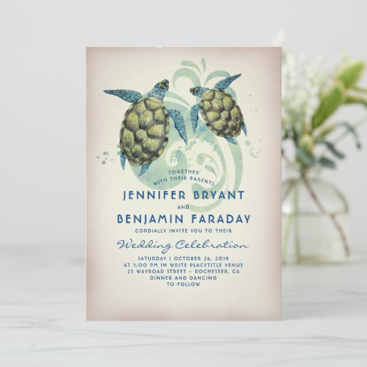 Zee Schildpad Tropisch strand bruiloft Kaart (Staand voorkant)