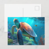 Zee schildpad, tropische vis en koraal in de blauw briefkaart (Voorkant / Achterkant)