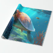 Zee schildpad, tropische vis en koraal in de blauw cadeaupapier (Uitgerold)