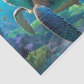 Zee schildpad, tropische vis en koraal in de blauw tissuepapier (Detail)