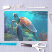 Zee schildpad, tropische vis en koraal in de blauw tissuepapier (Craft)