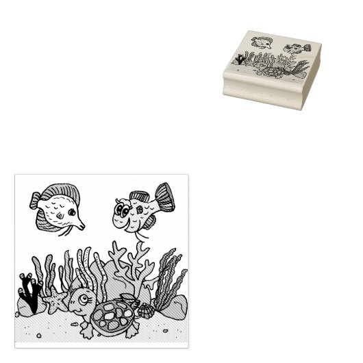 Zee Schildpad, Vis en Koraal Zee Vloer Oceaan Rubberstempel (Gestempeld)