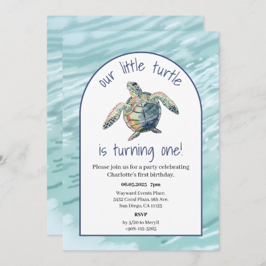 Zee Schildpad Waterverf Verjaardag Uitnodigen Kaart (Voorkant / Achterkant)