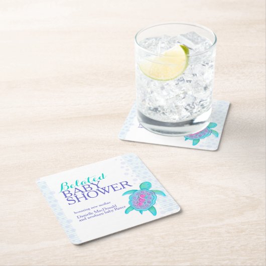 Zee schildpad whimsy waterverf verlate baby shower kartonnen onderzetters (Insitu)