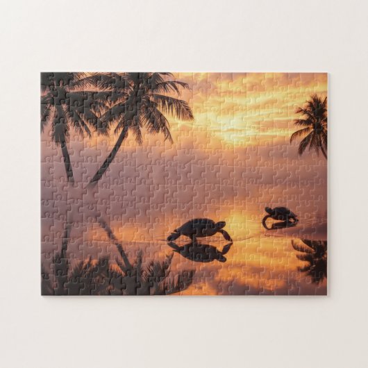 Zee schildpad zonsondergang bij het strand legpuzzel (Horizontaal)