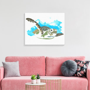 Zee schildpad zwemmen in ontwerp Waterverf Canvas Afdruk