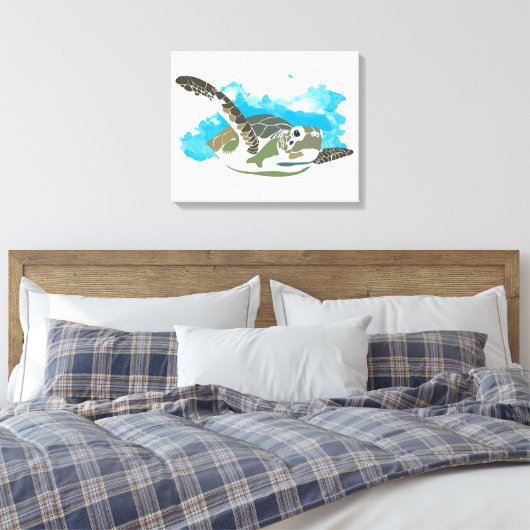 Zee schildpad zwemmen in ontwerp Waterverf Canvas Afdruk (Insitu (Slaapkamer))