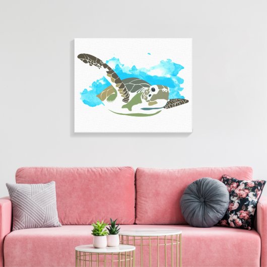 Zee schildpad zwemmen in ontwerp Waterverf Canvas Afdruk (Insitu (Woonkamer))