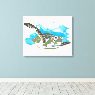 Zee schildpad zwemmen in ontwerp Waterverf Canvas Afdruk
