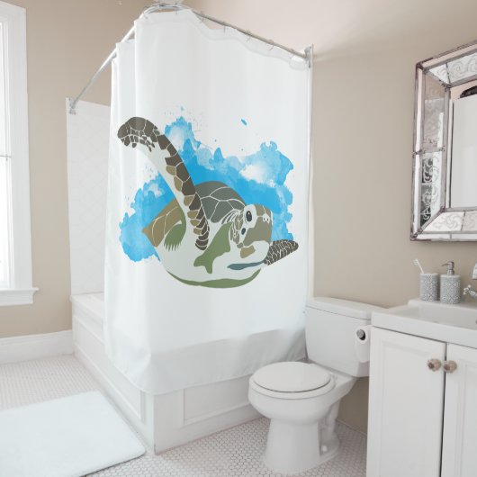 Zee schildpad zwemmen in ontwerp Waterverf Douchegordijn (In situ)