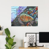 Zee schildpad zwemmen met koraalrif poster (Thuiskantoor)