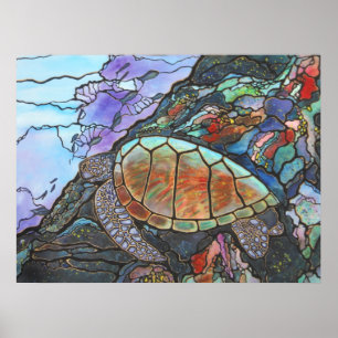 Zee schildpad zwemmen met koraalrif poster
