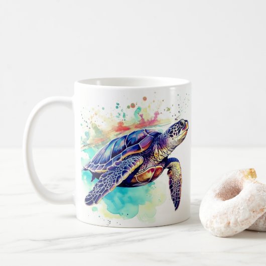 Zee Schildpad Zwemmen waterverf schilderij Koffiemok (Met donut)