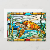 Zee Schildpad Zwemt in de Oceaan in Glas in Lood  Briefkaart (Voorkant / Achterkant)