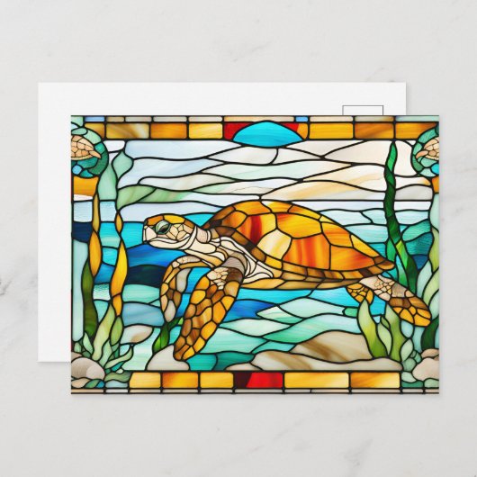 Zee Schildpad Zwemt in de Oceaan in Glas in Lood  Briefkaart (Voorkant / Achterkant)