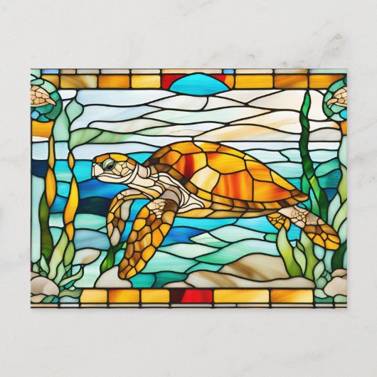 Zee Schildpad Zwemt in de Oceaan in Glas in Lood  Briefkaart (Voorkant)