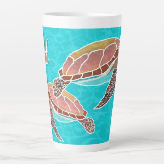 Zee schildpadden Aqua Monogram geïllustreerd Latte Mok (Voorkant)