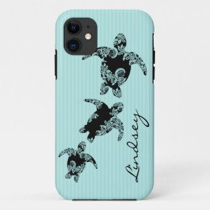 Zee schildpadden Aqua Stripe met naam iPhone 11 Hoesje