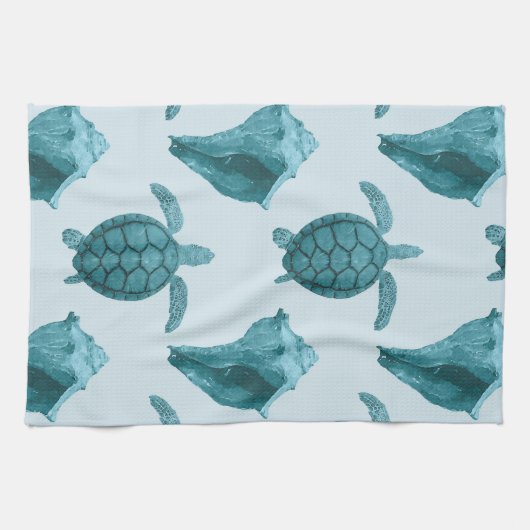 Zee, schildpadden en conch in Aqua/Blue Tones Theedoek (Horizontaal)