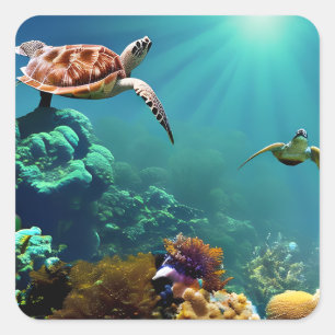 Zee schildpadden onderwater zwemmen vierkante sticker