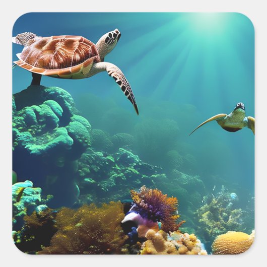 Zee schildpadden onderwater zwemmen vierkante sticker (Voorkant)