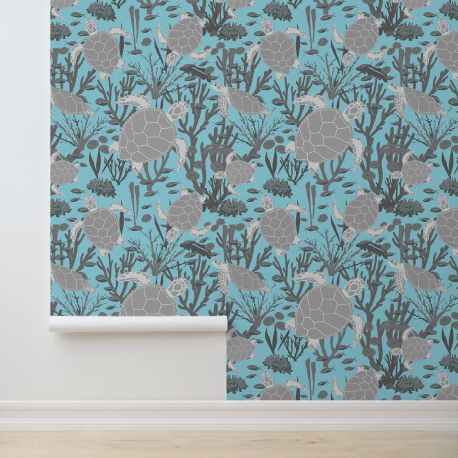 Zee Schildpadden Schattige Blauw Grijs Oceaan Dier Behang (Applicatie)