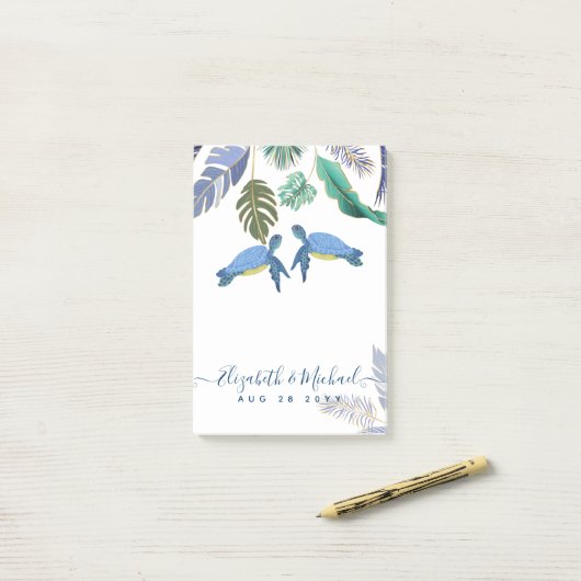 Zee Schildpadden Trouwen Blauw Geel Post-it® Notes (Op bureau)