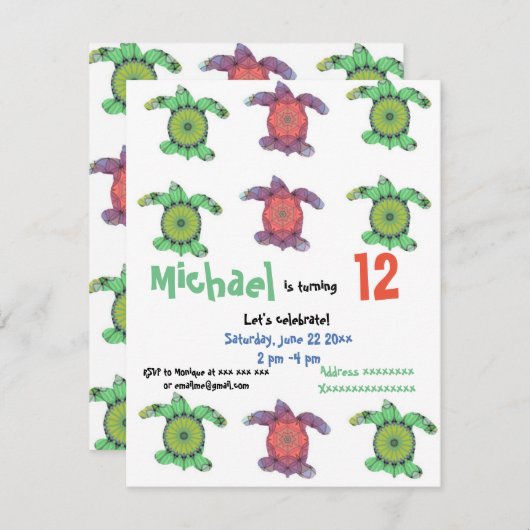 Zee schildpadden, verjaardagsfeestuitnodiging kaart (Voorkant / Achterkant)