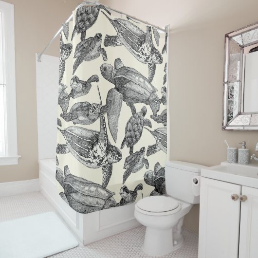 zee schildpadden zwart ivoor douchegordijn (In situ)