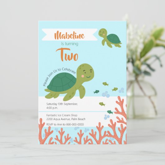 Zee schildpadje en verjaardagsfeestje kaart (Staand voorkant)