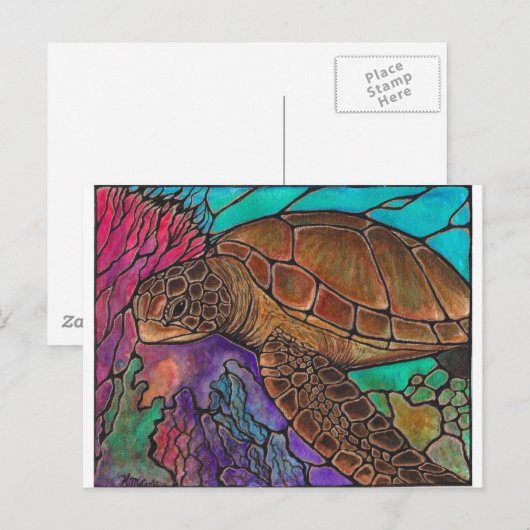 Zee schildpadkunst...geweldige gekleurde glazen st briefkaart (Voorkant / Achterkant)