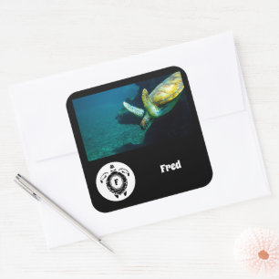 Zee Schroefschildpad Monogram Naam Markering Foto Vierkante Sticker