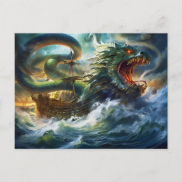Zee Serpent Aanvalt Schip in Storm Fantasie Schild Briefkaart