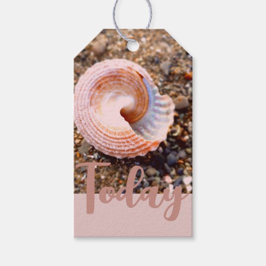 ZEE SHELL BEACH FOTO AFBEELDING OP BLEKE ZALM ROZE CADEAULABEL (Voorkant)
