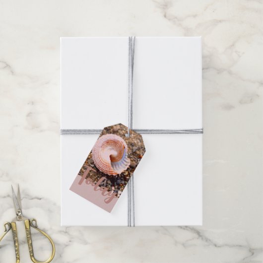 ZEE SHELL BEACH FOTO AFBEELDING OP BLEKE ZALM ROZE CADEAULABEL (Met Touw)